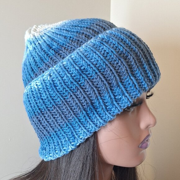 Handknit Blue Hat Beanie - Picture 3 of 4